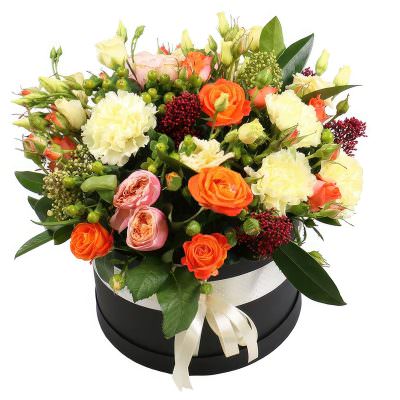 Цветы в шляпной коробке «Оранжевый шик»